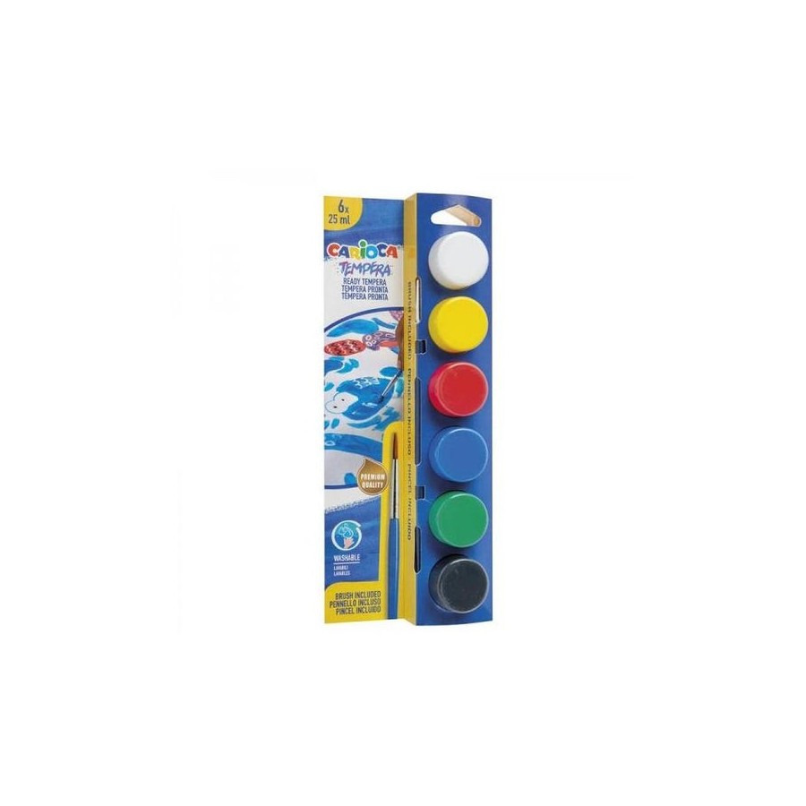 Carioca pack de 6 temperas en botes - 25 ml - pincel incluido - superlavables - mezclable - colores surtidos