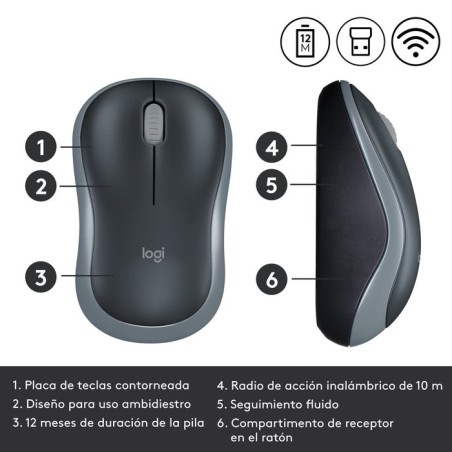 Logitech ratón inalámbrico m185 gris 910-002238