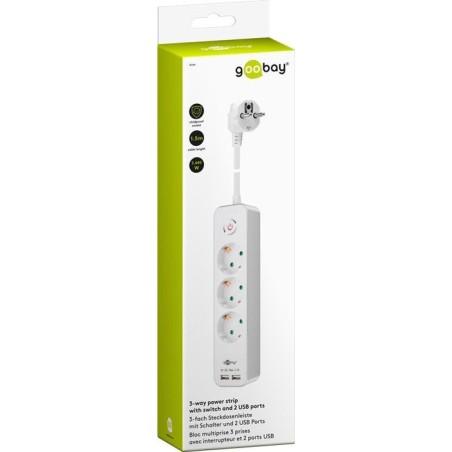 Goobay 41264 regla de 3 vías con interruptor y usb, blanca