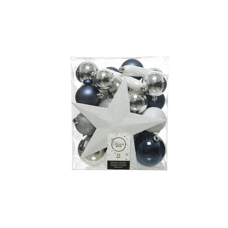 Caja con 33 accesorios para arbol azul, blanco y plata