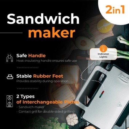 Sandwichera adler ad 3073  plata - negro