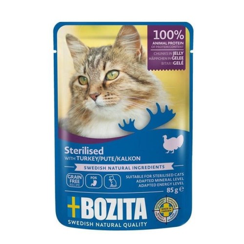 Bozita trozos esterilizados en gelatina con pavo - comida húmeda para gatos - 85g