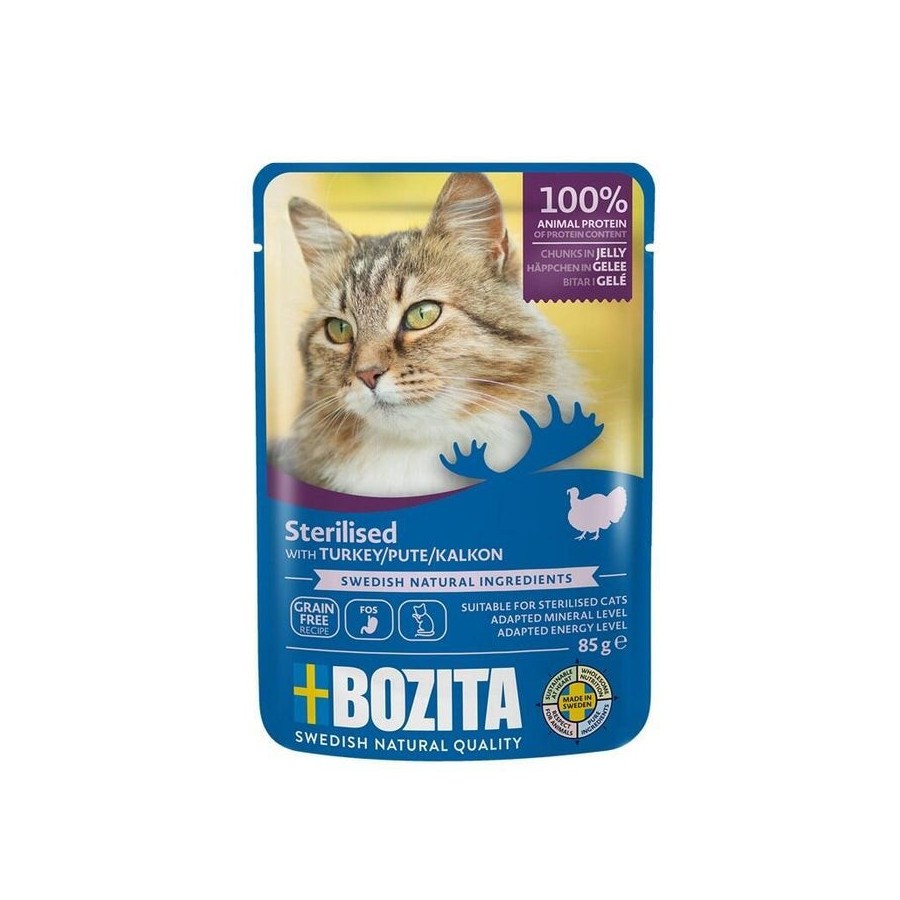 Bozita trozos esterilizados en gelatina con pavo - comida húmeda para gatos - 85g