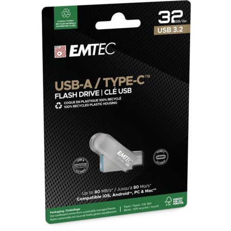 Emtec d280 dual unidad flash usb 32 gb usb type-a / usb type-c 3.2 gen 1 (3.1 gen 1) plata