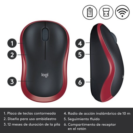 Ratón inalámbrico logitech m185 rojo 910-002240