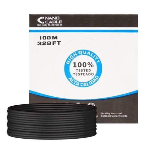 Nanocable bobina de cable de red rigido impermeable para exterior rj45 cat.5e utp awg24 100m - negro