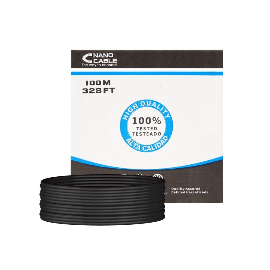Nanocable bobina de cable de red rigido impermeable para exterior rj45 cat.5e utp awg24 100m - negro