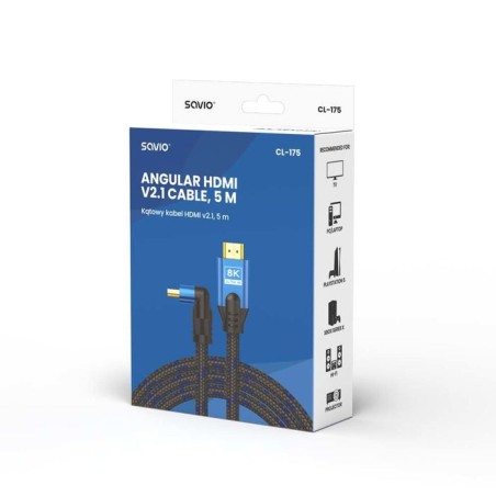 Savio cable hdmi (m) v2.1, en ángulo, 8k, hdr dinámico, cobre ofc, 5 m, cl-175