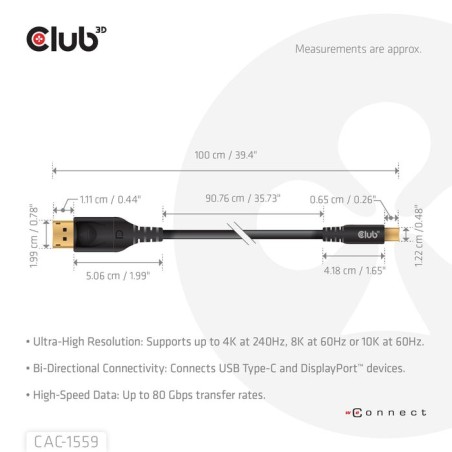 Club3d cable usb typ c - dp 2.1 1m 10k60hz m m retail