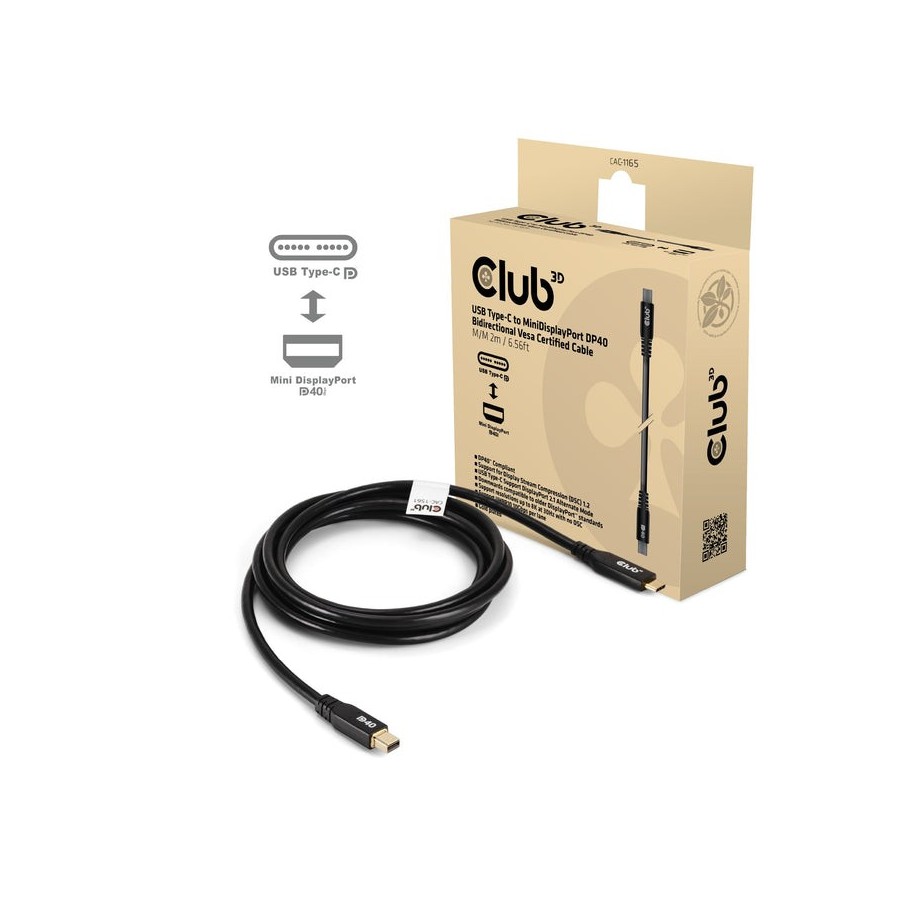 Cable club3d cac-1561  displayport 2 m mini displayport usb tipo c negro