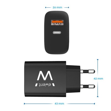 Cargador ewent rapido usb-c y qc3.0 20w