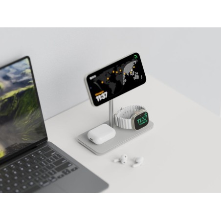 Soporte base de carga inalambrico 3en1 magsafe plata linq carga magnética qi2/ certificación mfi para apple watch