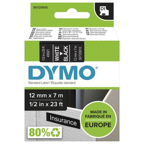 Cinta rotuladora autoadhesiva dymo d1 12mm x 7 metros de longitud para rotuladoras label manager, blanco sobre negro