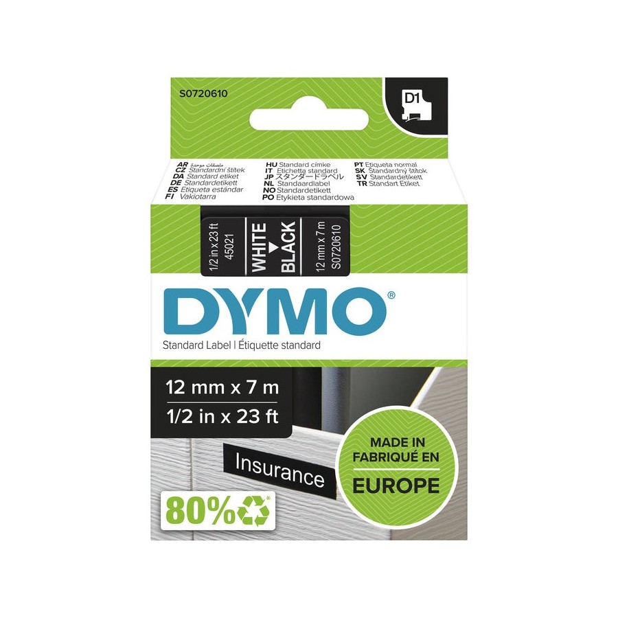 Cinta rotuladora autoadhesiva dymo d1 12mm x 7 metros de longitud para rotuladoras label manager, blanco sobre negro