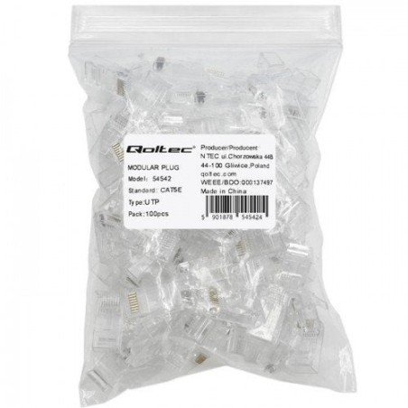 Qoltec 54542 rj45 through connector plug cat5e utp pass through gold plated contacts 100 pieces