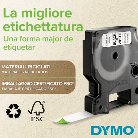 Cinta rotuladora autoadhesiva dymo d1 12mm x 7 metros de longitud para rotuladoras label manager, blanco sobre negro