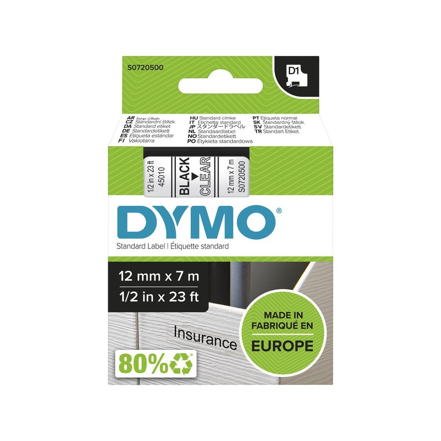 Cinta rotuladora autoadhesiva dymo d1 12mm x 7 metros de longitud para rotuladoras label manager, negro sobre transparente
