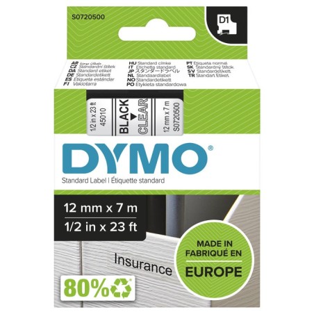 Cinta rotuladora autoadhesiva dymo d1 12mm x 7 metros de longitud para rotuladoras label manager, negro sobre transparente