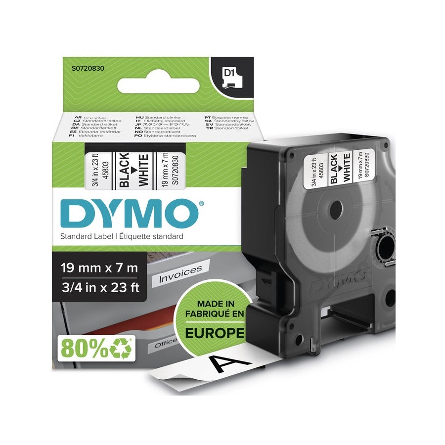 Cinta rotuladora autoadhesiva dymo d1 19mm x 7 metros de longitud para rotuladoras label manager, negro sobre blanco