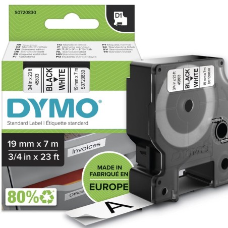 Cinta rotuladora autoadhesiva dymo d1 19mm x 7 metros de longitud para rotuladoras label manager, negro sobre blanco