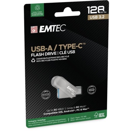 Emtec d280 dual unidad flash usb 128 gb usb type-a / usb type-c 3.2 gen 1 (3.1 gen 1) plata