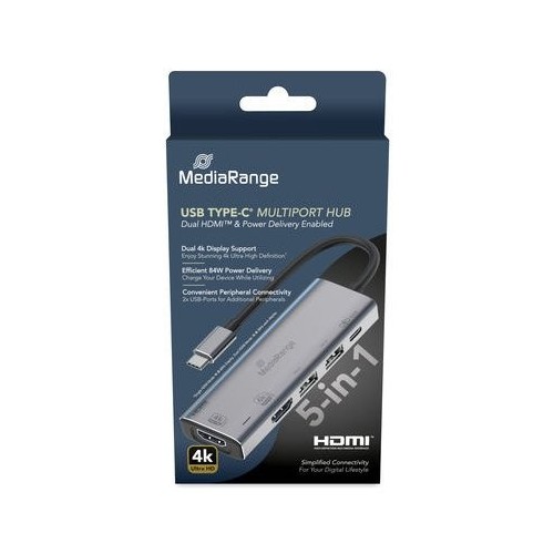 Hub  mediarange  usb-c 5 in 1 multiport adaptador, plata