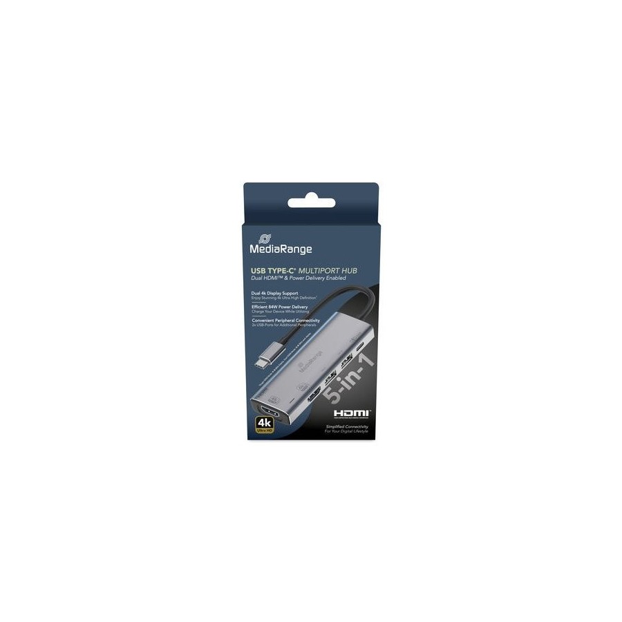 Hub  mediarange  usb-c 5 in 1 multiport adaptador, plata
