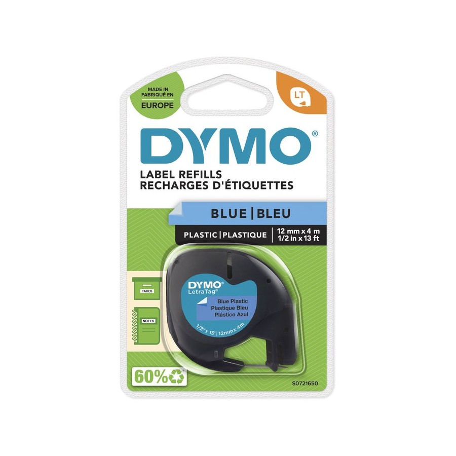 Cinta rotuladora autoadhesiva dymo plastico negro-azul 12mm x 4 metros para rotuladoras letratag