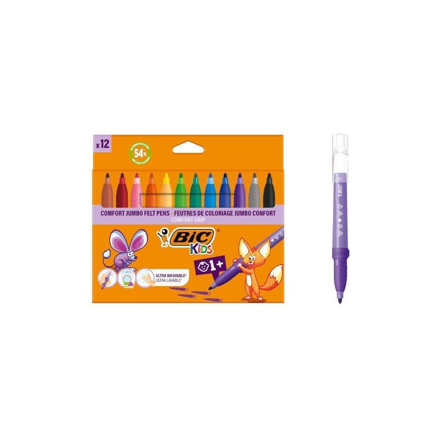 Bic kids comfort jumbo pack de 12 rotuladores con tinta lavable - facil de limpiar - agarre antideslizante - colores