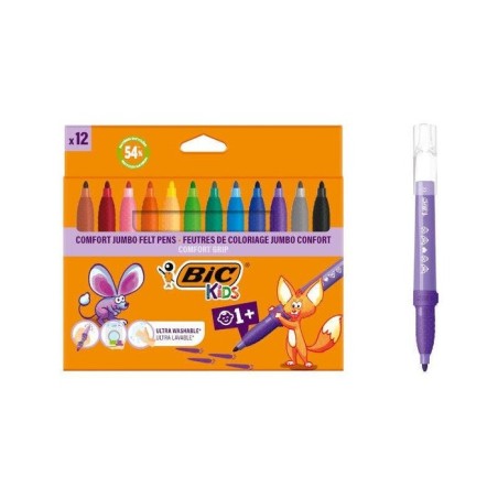 Bic kids comfort jumbo pack de 12 rotuladores con tinta lavable - facil de limpiar - agarre antideslizante - colores