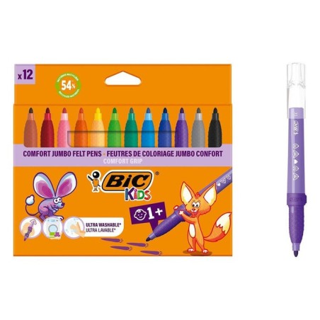 Bic kids comfort jumbo pack de 12 rotuladores con tinta lavable - facil de limpiar - agarre antideslizante - colores