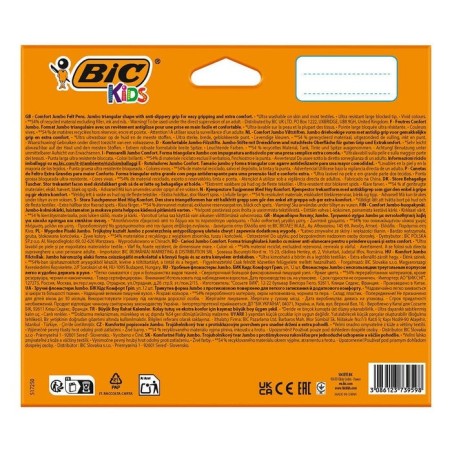 Bic kids comfort jumbo pack de 12 rotuladores con tinta lavable - facil de limpiar - agarre antideslizante - colores