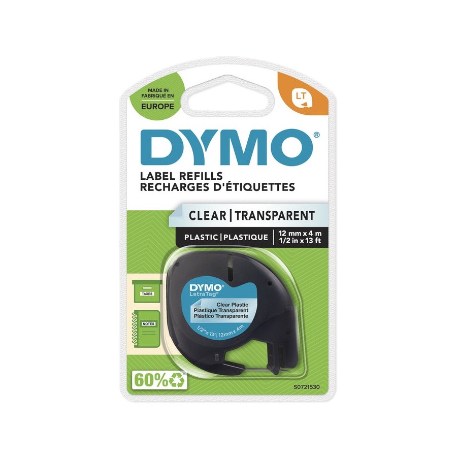 Cinta rotuladora adhesiva de plástico dymo 12267 para letratag 12mm x 4m negra-transparente