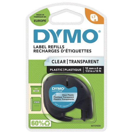 Cinta rotuladora adhesiva de plástico dymo 12267 para letratag 12mm x 4m negra-transparente