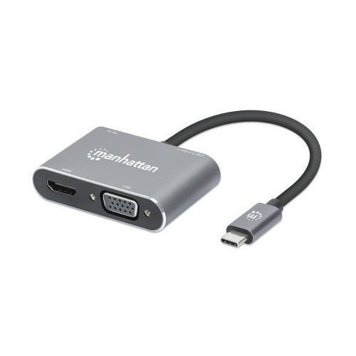 Manhattan docking station de usb-c a hdmi y vga, 4 en 1, con suministro de energía