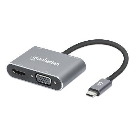 Manhattan docking station de usb-c a hdmi y vga, 4 en 1, con suministro de energía