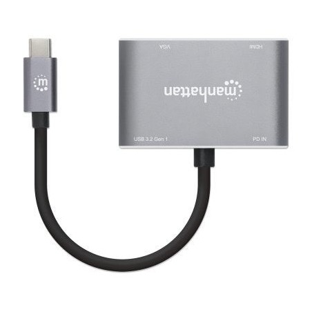 Manhattan docking station de usb-c a hdmi y vga, 4 en 1, con suministro de energía