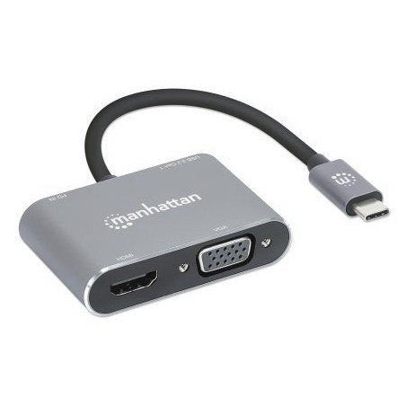 Manhattan docking station de usb-c a hdmi y vga, 4 en 1, con suministro de energía