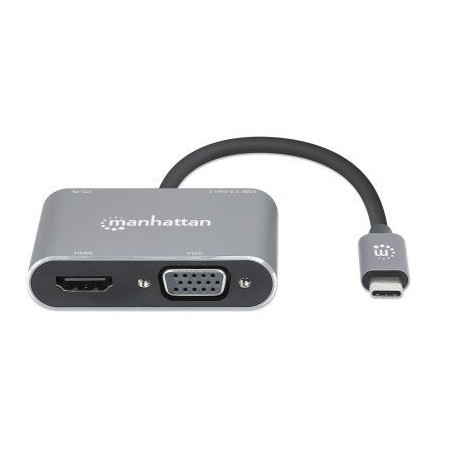 Manhattan docking station de usb-c a hdmi y vga, 4 en 1, con suministro de energía
