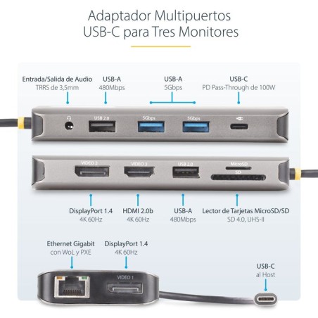 Startech.com usb-c triple-monitor multiport adaptador, hdmi/dp/card reader - dockingstation - usb-c 3.2 gen 1 / thunderbol