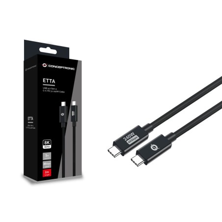 Cable usb-c macho a usb-c macho 2m conceptronic usb 4.0 gen 3 240w 48v 5a 40gbps e-mark