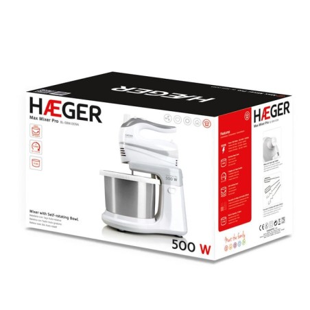 Batidora reposteria haeger max mixer pro 500w 5 velocidades + turbo 2 varillas batidoras 2 varillas amasadoras bol acero inox. 3