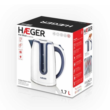 Hervidor eléctrico de agua haeger hot blue 2200w 1.7l sistema sin cables cuerpo y resistencia oculta inox base rotativa 360º