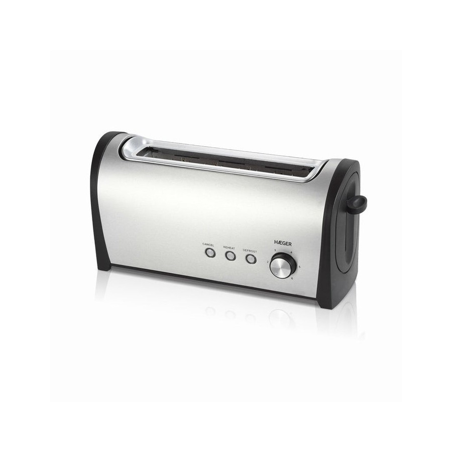 Tostador de pan haeger desayuno 1000w 1 ranura larga 6 posiciones tostado func. recalentado/ descongelado exterior acero inox