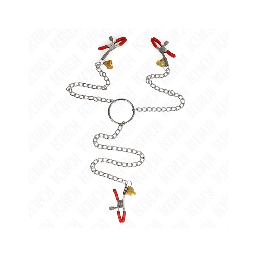 Kink - pinzas para pezones y clítoris rojas con cascabel dorado y cadena 30 cm