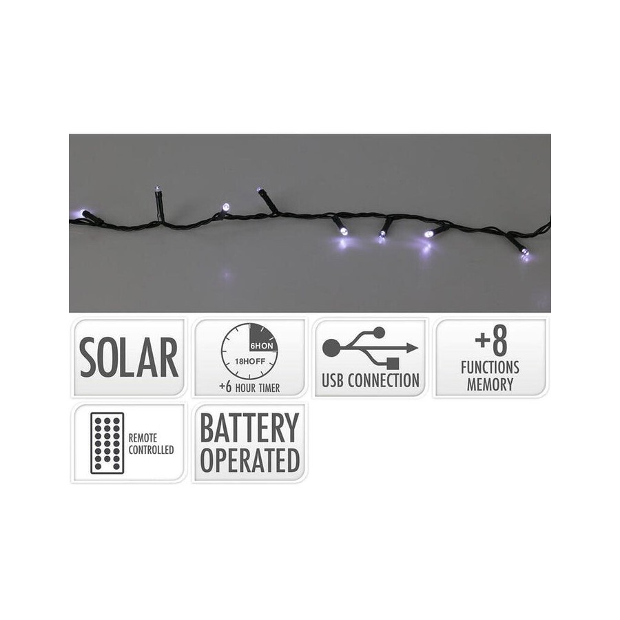Guirnalda led, 240 leds, 13 funciones parpadeante blanco frio, solar.