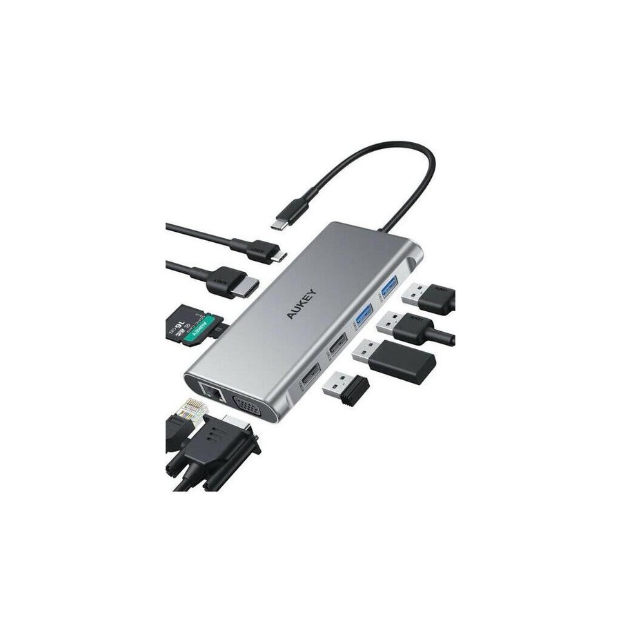 Hub  aukey cb-c89 aluminium  usb-c 10in1 rj45 et