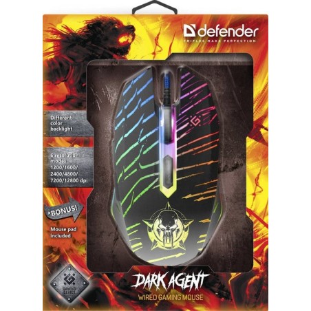 Defender dark agent gm-590l ratón mano derecha usb tipo a óptico 12800 dpi