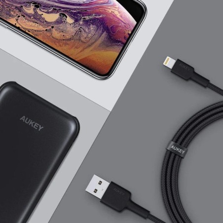 Aukey cb-al05 cable lightning usb de carga rápida de nailon   2m   certificado apple mfi
