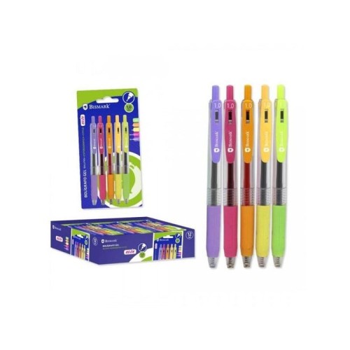 Bismark pack de 5 boligrafos retractiles tinta gel - punta 1.0mm - escritura suave - colores neon surtidos